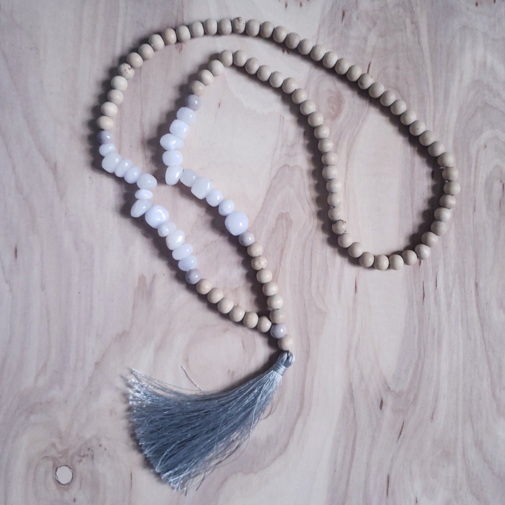 Light wood stone mala bead tassel necklace